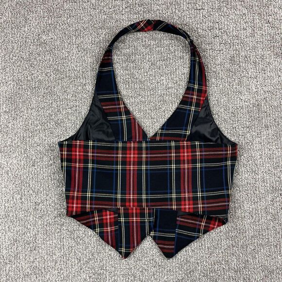 H&M Vest Womens 8 Red Tartan Plaid Halter Button Lined Academia Preppy Holiday - Picture 2 of 8
